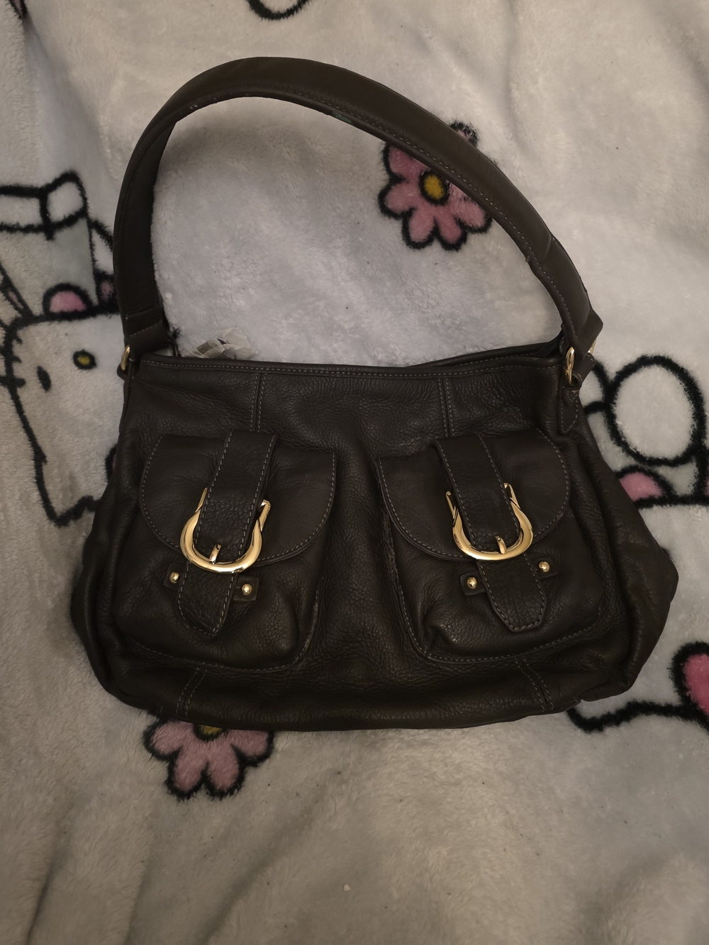 Vintage Avon Classic Dark Brown Leather Shoulder Bag with Gold Buckle Detail